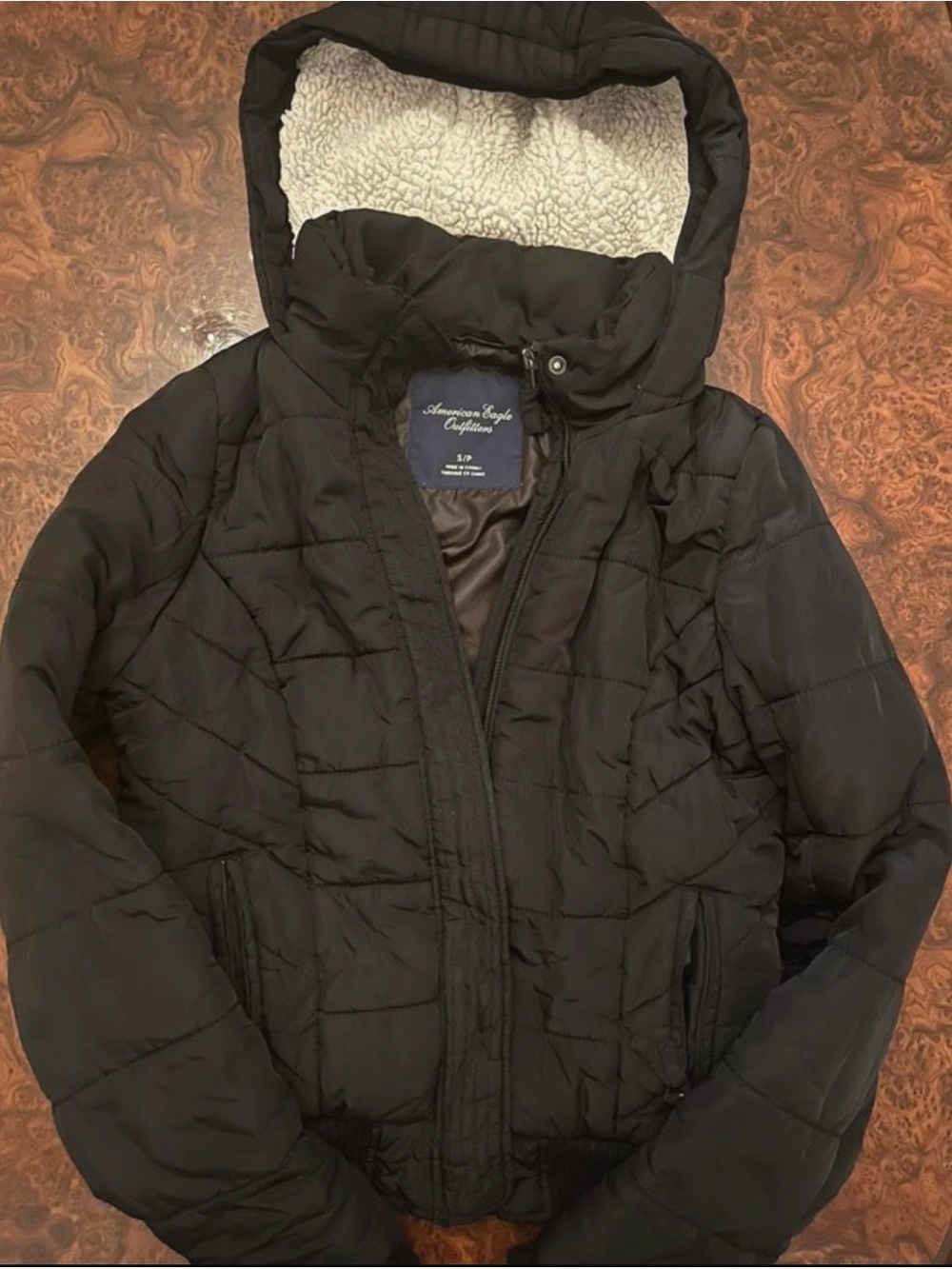 American Eagle Outfitters Black Quilted Puffer with Sherpa Hood Lining